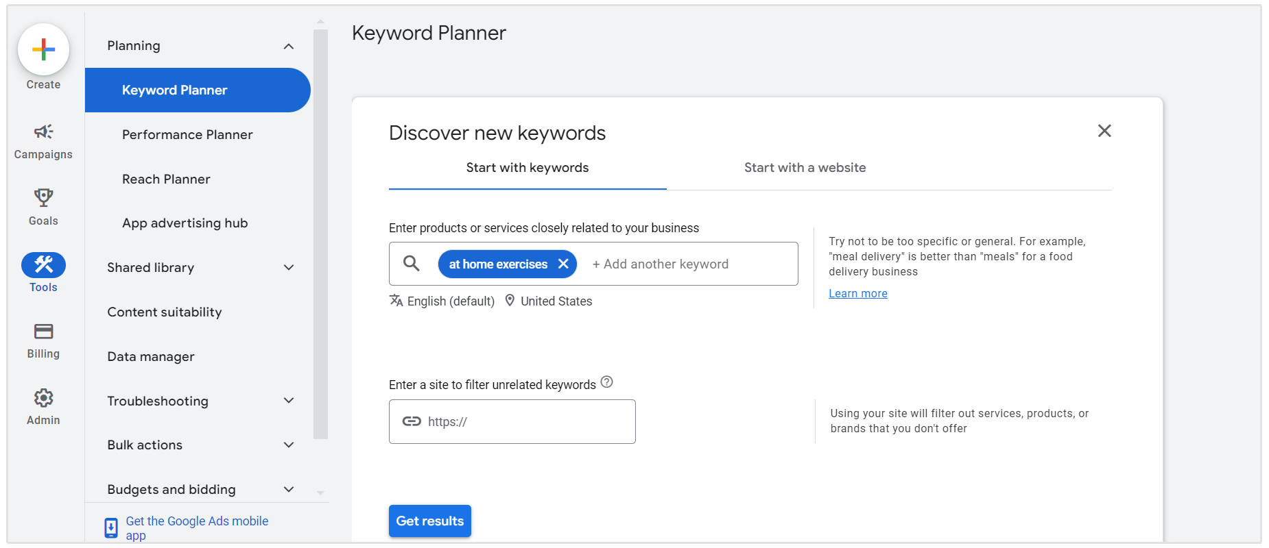 at home exercises google keyword planner